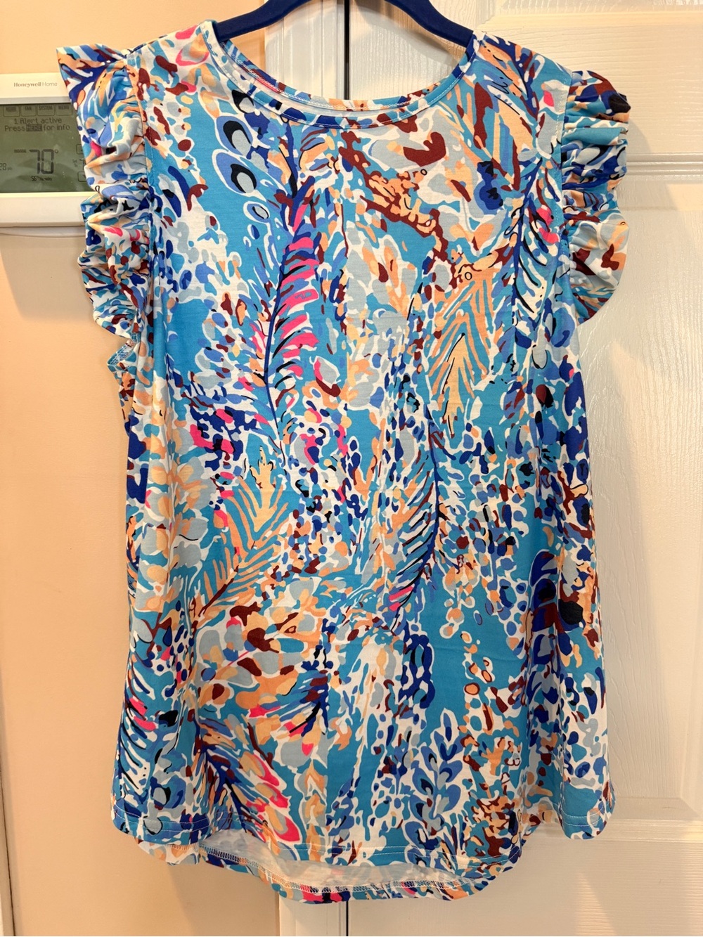 Bright Blue Tropical Print Ruffle Sleeve Top